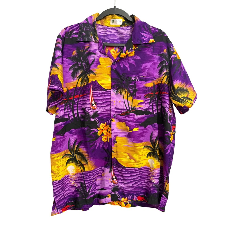 VHO Mens Purple Tropical Sunset Palm Tree Hawaiian Shirt Large Short Sleeve Top
